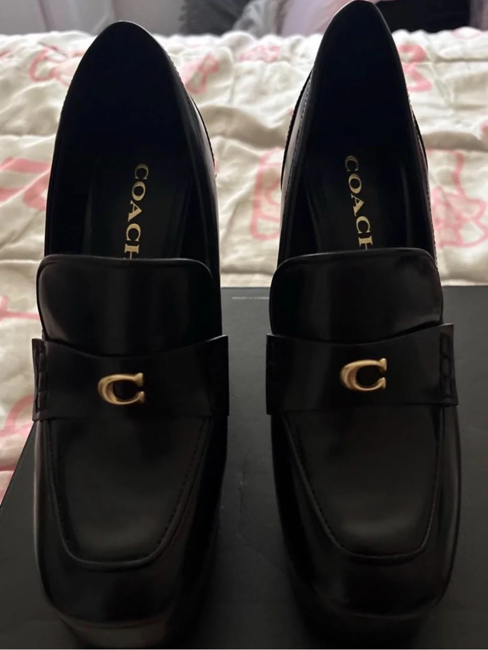 Coach Black Leather Platform Loafer Pumps with Gold Accent